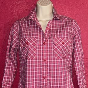Carhartt women’s cotton blend button down 3/4 sleeve plaid shirt. Sz S
